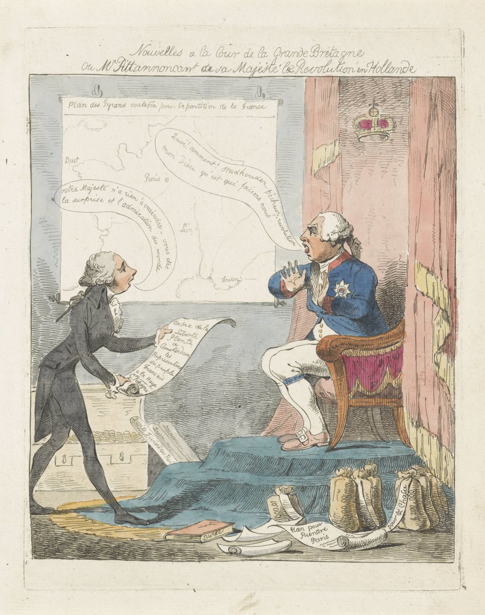 Pitt bringer George III den nye over de revolutie i Nederlandene, 1795 Nyheder ved domstolen i Storbritannien eller hr. Pitt, der annoncerer for hans majestæt revolutionen i Holland (titel på objekt) af Anonymous