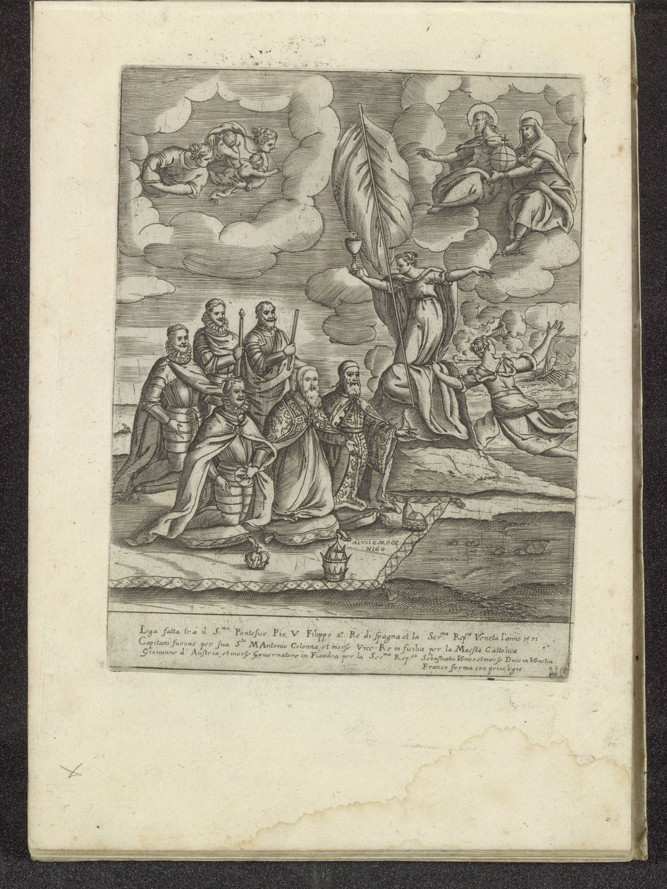 Pius V, Philip II, Alvise I Mocenigo, Sebastiano Vernier, Marcantonio Colonna og Don Juan af Østrig knælende foran troen Scener fra venetiansk liv (serietitel) Habiti d