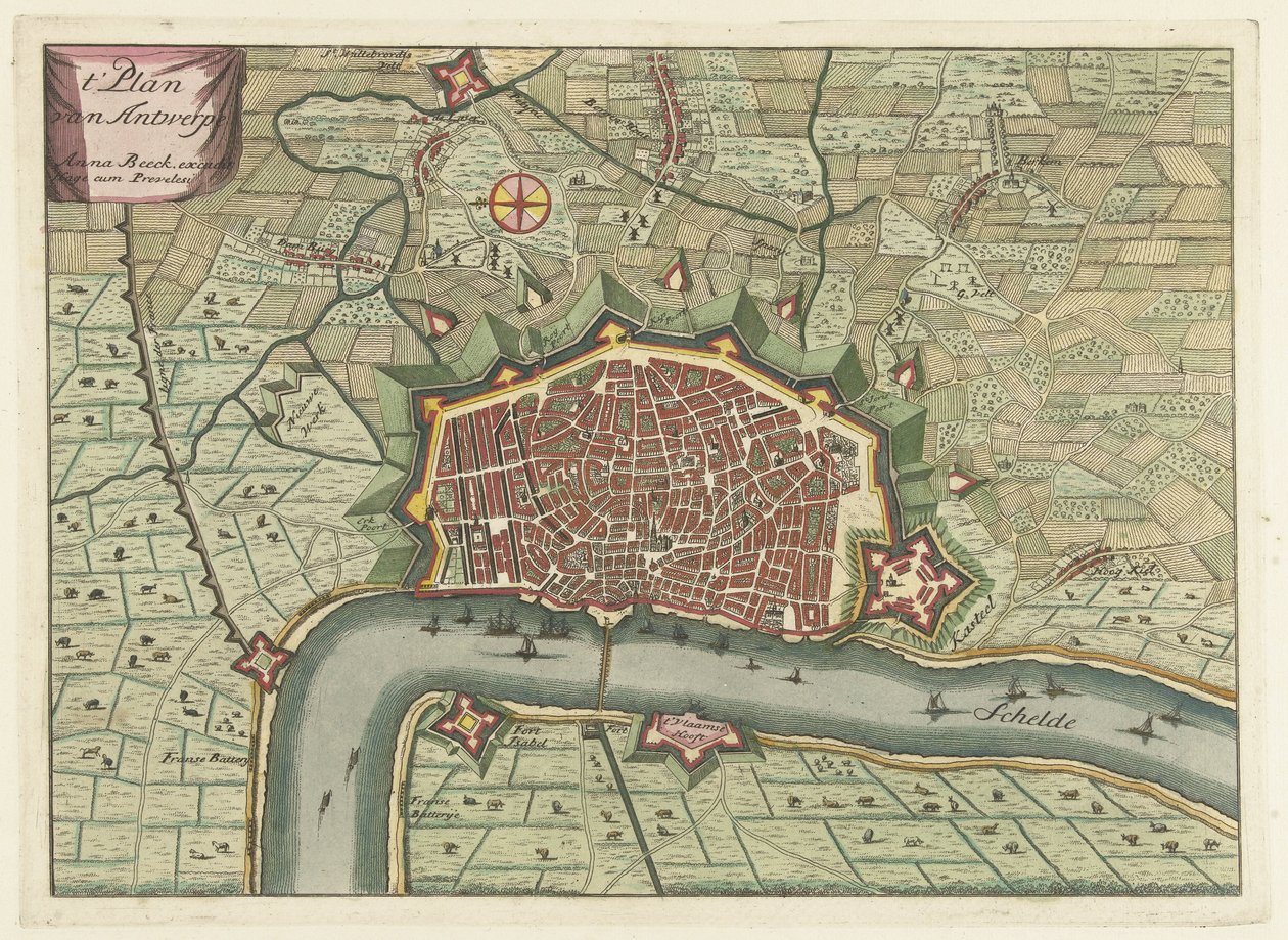 Kort over Antwerpen, ca. 1706 t