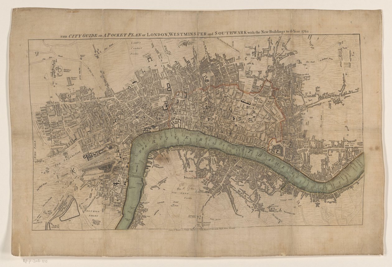 Plattegrond af London, 1761 Byguiden eller en lommeplan over London, Westminster og Southwark med de nye bygninger til år 1761 (titel på objekt) af Anonymous