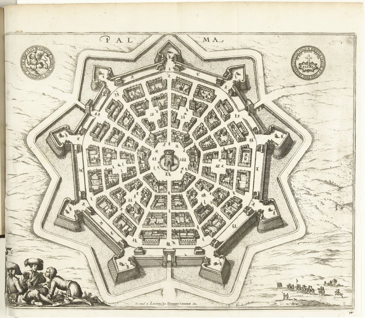 Plattegrund af Palmanova, 1726 Palma (titel på objekt) Europas, Asiens, Afrikas og Amerikas styrker (...) Som også kortene over Frankrigs og Spaniens kyster (serietitel på objekt) af Anonymous
