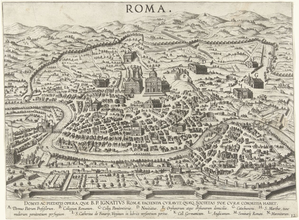 Kort over Rom, der viser grundlaget for Ignatius af Loyola Vita beati patris Ignatii Loyolae (serietitel) Scener fra Ignatius af Loyolas liv (serietitel) af Anonymous