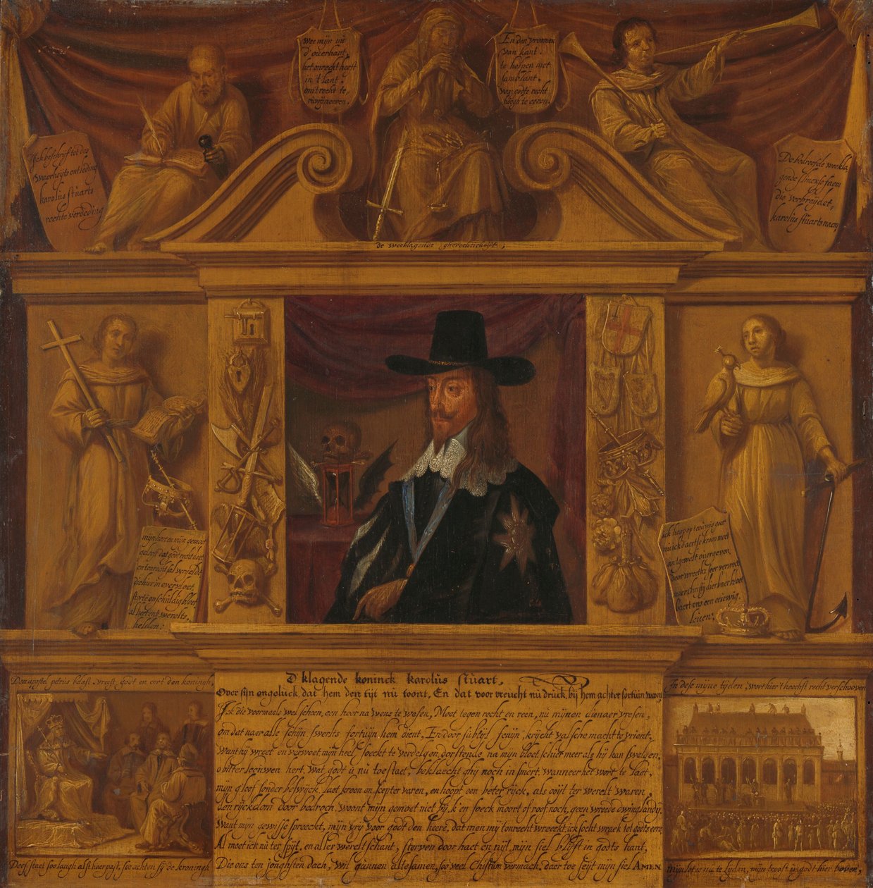 Portræt af Charles I, konge af England, i en ramme med allegoriske figurer og historiske fremstillinger af Anonymous