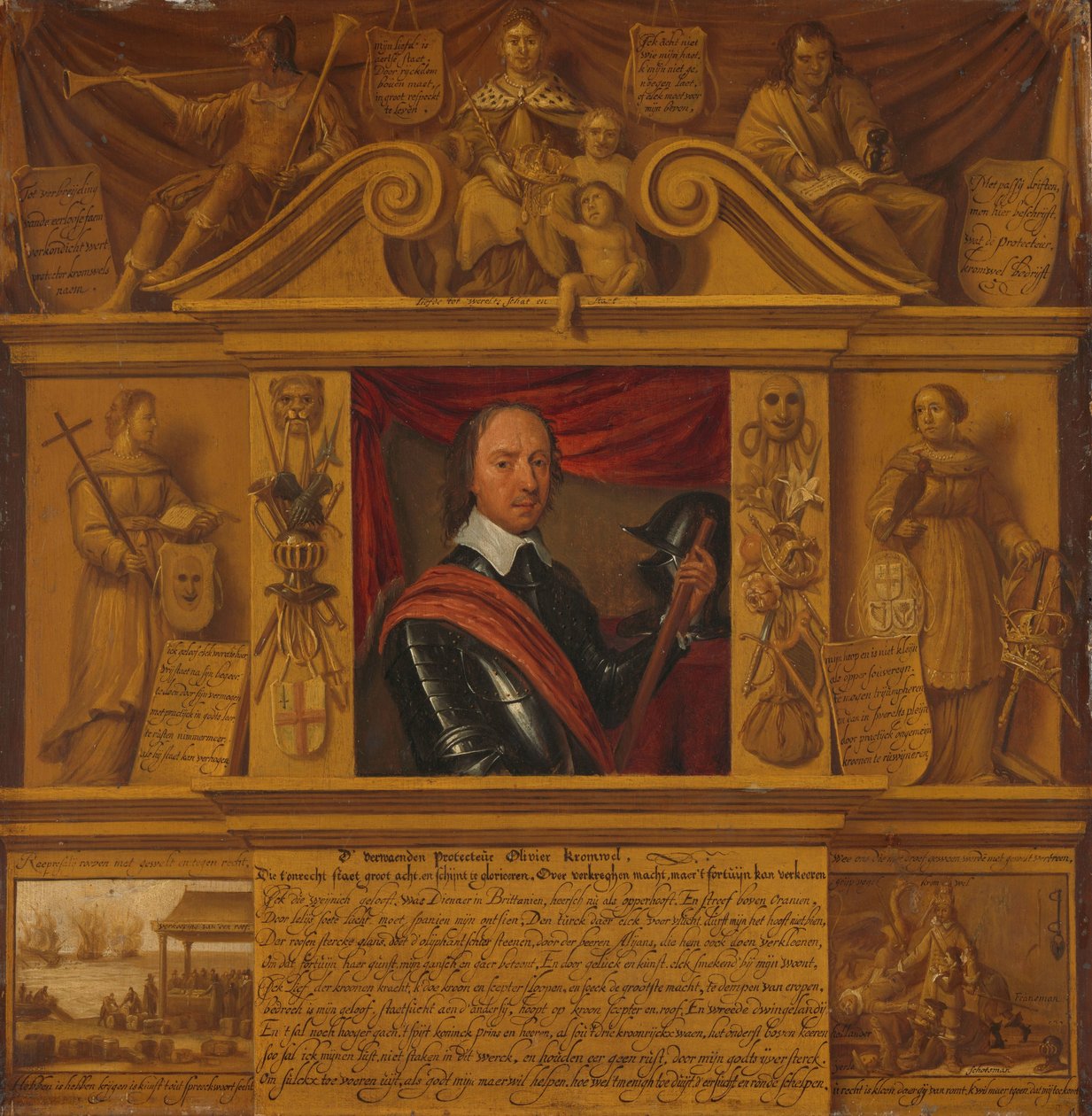 Portræt af Oliver Cromwell, i en ramme med allegoriske figurer og historiske fremstillinger af Anonymous