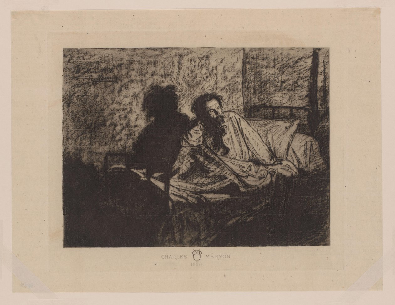Portræt af Charles Meryon siddende i sengen Charles Meryon 1858 (titel på objekt) af Anonymous