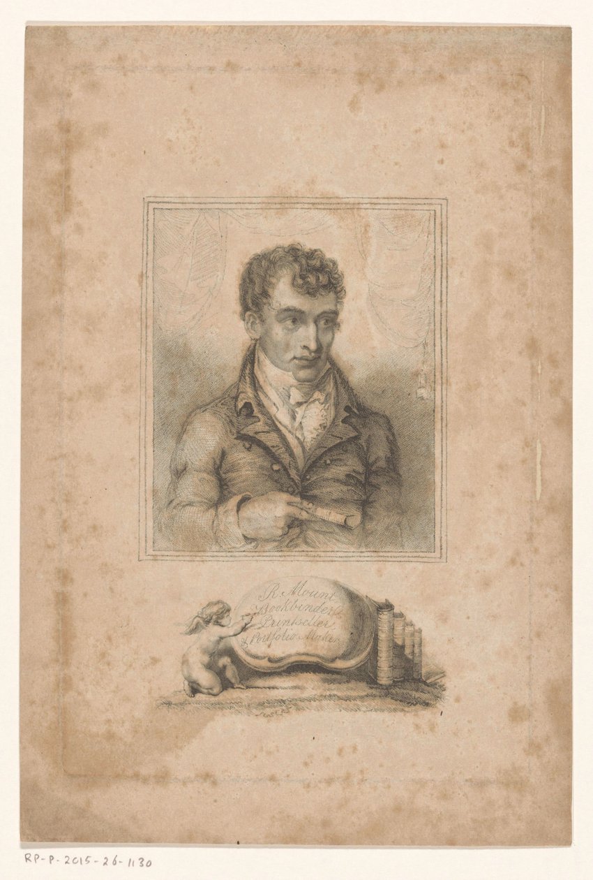 Portræt af Robert Mount, London bogbinder og tryksælger R. Mount, Bookbinder, Printseller & Portfolio Maker (titel på objekt) af Anonymous