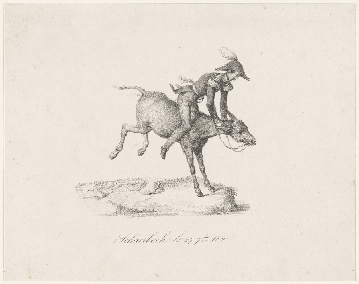 Prins Frederik på æslet, 1830 Schaerbeck le 27 7bre 1830 (titel på objekt) af Anonymous