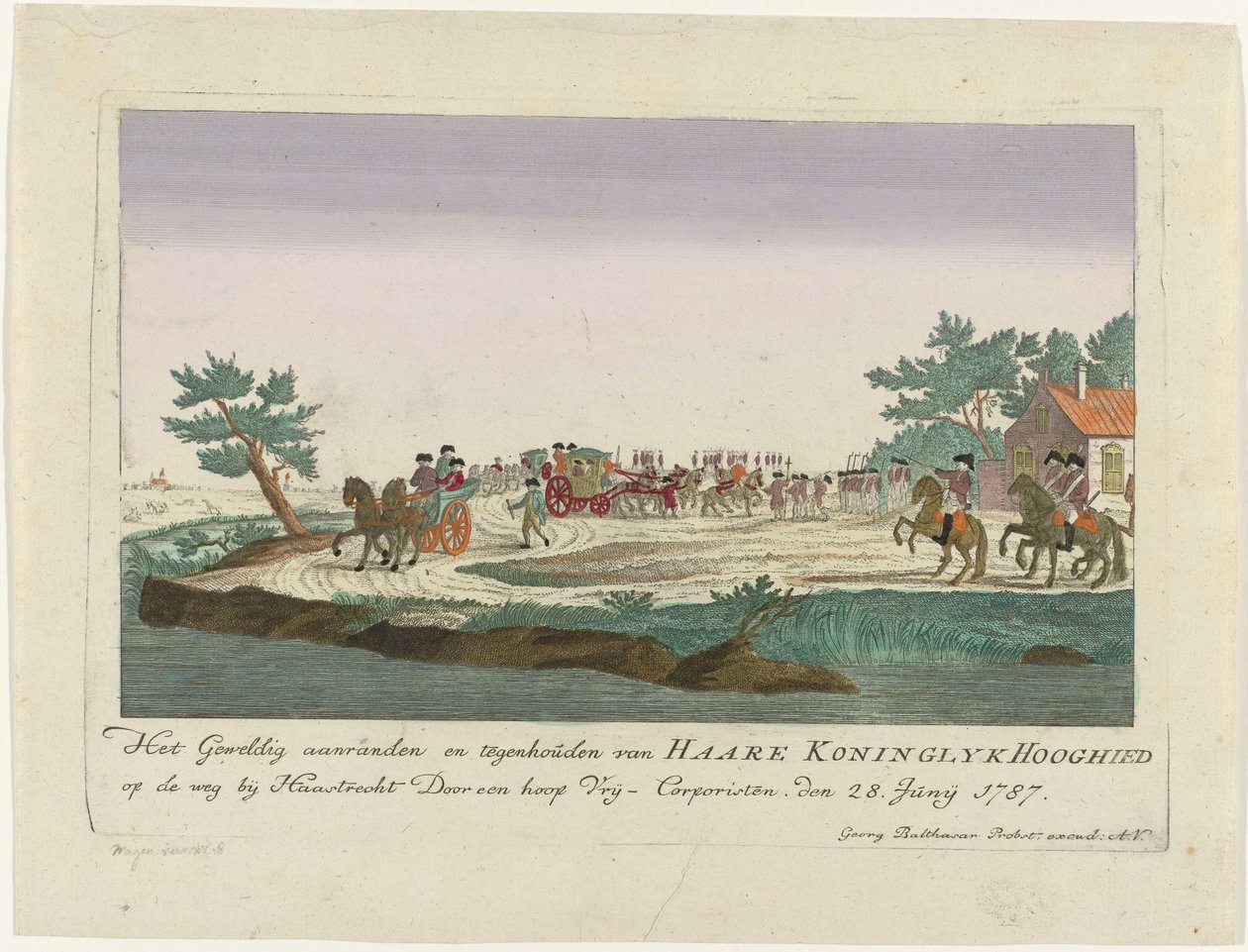 Prinsesse af Orange holdt i Goejanverwellesluis, 1787 Det store overfald og standsning af Haare Koninglyk Hooghied på vejen nær Haastrecht Ved en masse Vrij-Corporisten. den 28. juni 1787 (titel på objekt) Farvede tyske tryk om d af Anonymous