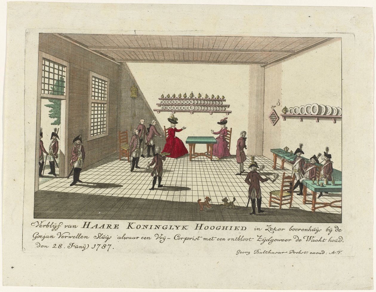 Prinsesse af Orange i vagtrummet i Goejanverwellesluis, 1787 Haare Koninglyk Hooghieds ophold i en vis bondegård nær Goejan Verwellen Sluijs, hvor en Vrij-Corpist holder vagt med en nøgen sideriffel. den 28. juni 1787 (titel på objekt af Anonymous