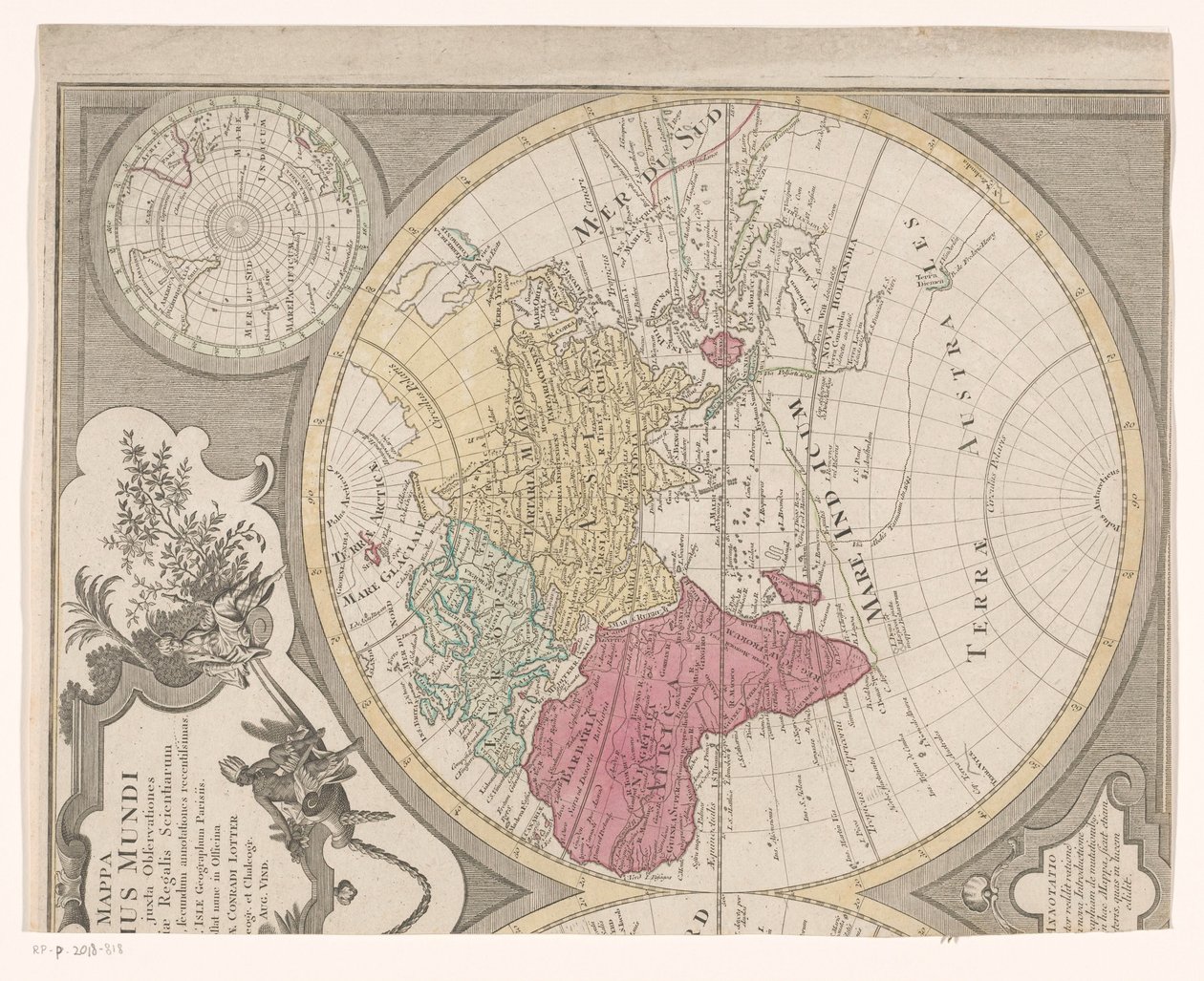 Højre halvdel af et verdenskort, der viser den østlige halvkugle Mappa totius mundi : adornata juxta observationes (...) (titel på objekt) af Anonymous