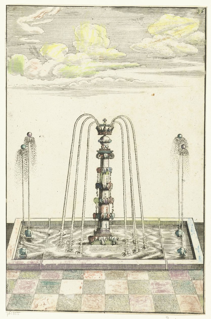 Rektangulært bassin med ionisk søjle Architectura Curiosa Nova (serietitel) af Anonymous