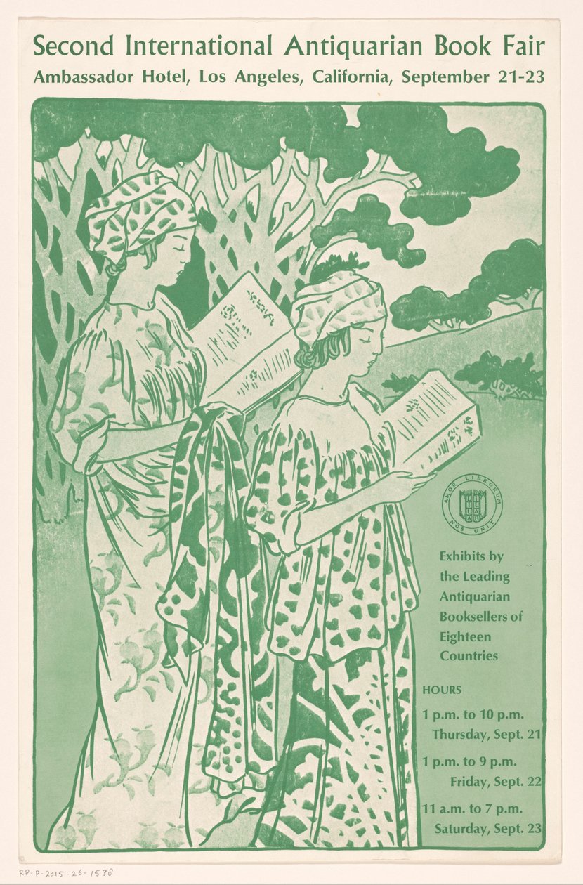 Reclamebiljet for den Second International Antiquarian Book Fair i Los Angeles Anden internationale antikvariske bogmesse (titel på objekt) af Anonymous