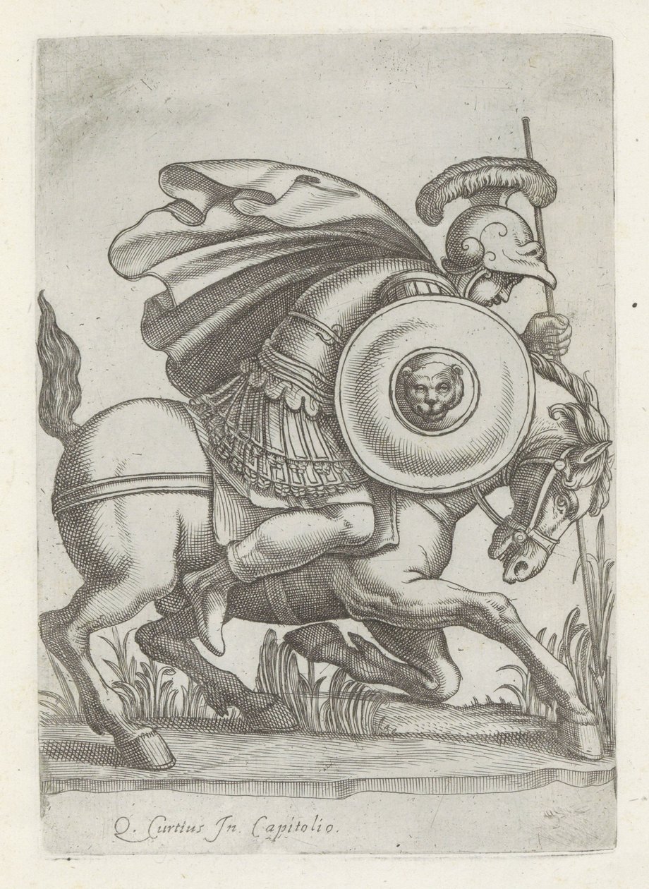 Reliëf met de daad af Marcus Curtius Antikke skulpturer i Rom (serietitel) Ikoner af de gamle statuer af byen Rom, som ses på offentlige steder (serietitel) af Anonymous