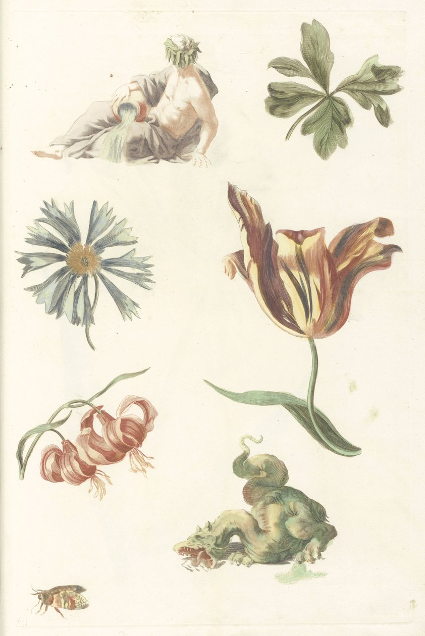 Flodgud, en drage og fire blomster af Anonymous
