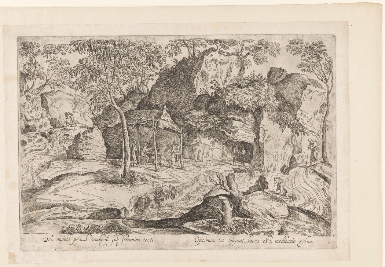 Rotsachtig landskab med dak op palen en højre leeuw Langt væk fra verden, i læ under et stråtag, Landschappen naar Domenico Campagnola (serietitel) af Anonymous