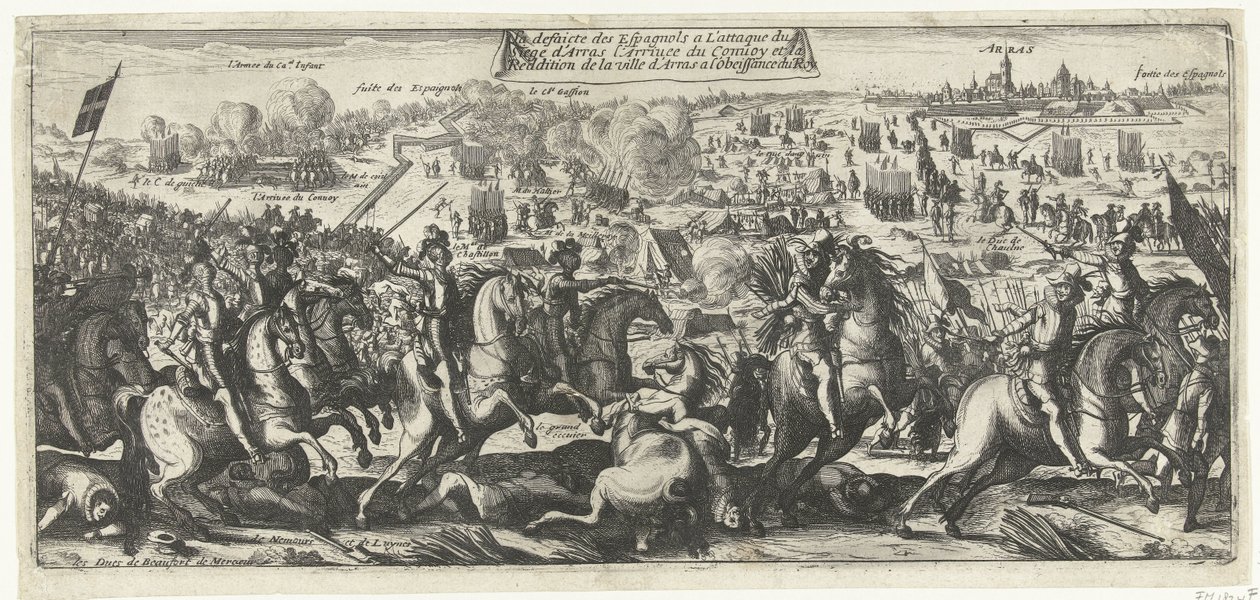 Ruiter Gevecht bij Arras, 1640 Spaniernes nederlag ved angrebet på belejringen af ​​Arras Konvojens ankomst og overgivelsen af ​​byen Arras til kongens lydighed (titel på objektet) af Anonymous