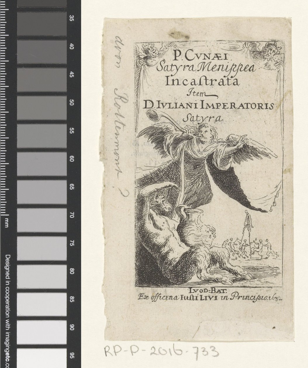 Satyr og engel blæser trompet Titelside for: Petrus Cunaeus, Satyra Menippea Incastrata, 1632 af Anonymous