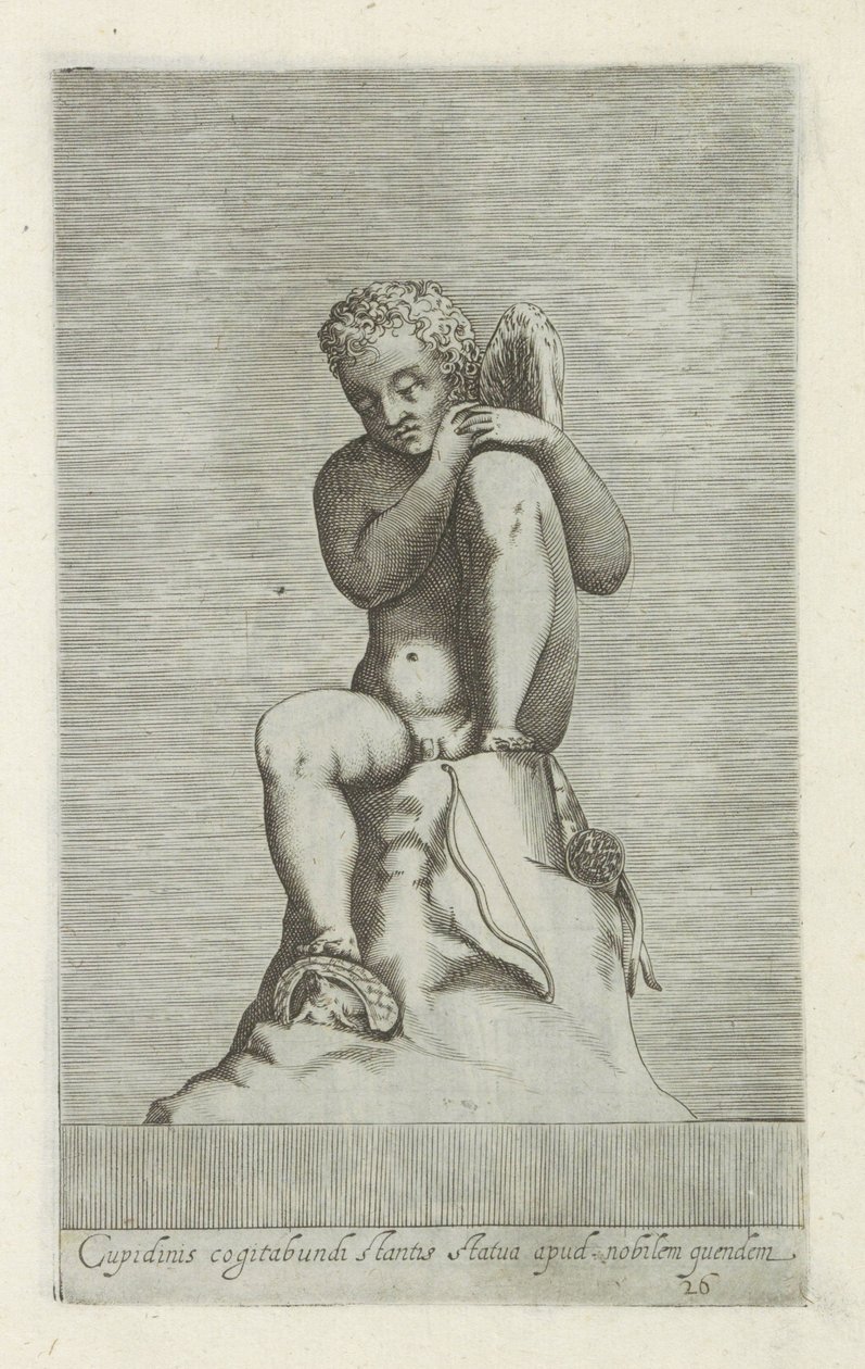 Skulptur af Amor Statue af Amor, der står eftertænksomt sammen med en vis adelsmand (titel på objekt) Antikke skulpturer i Rom (serietitel) Ikoner af de gamle statuer af byen Rom, som ses på offentlige steder (serietitel) af Anonymous