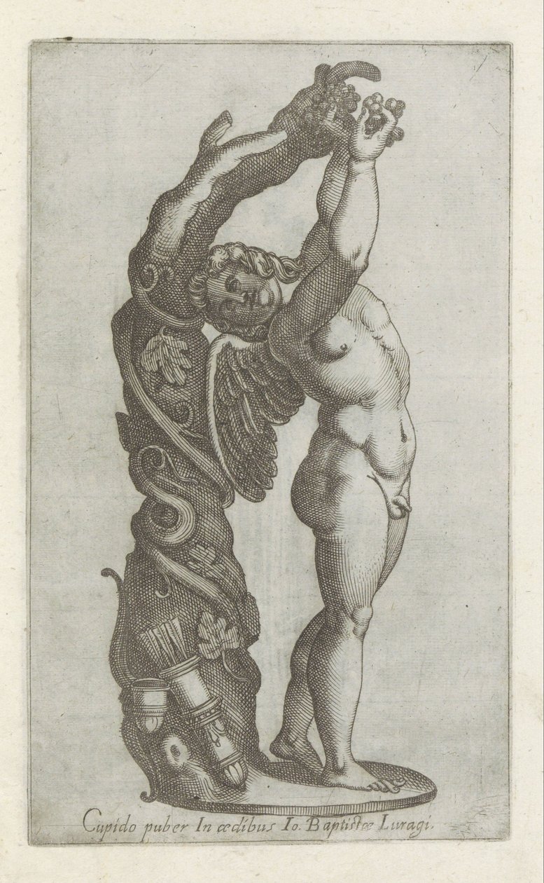 Sculptuur van Amor die druiven plukt Cupido puber i Io Baptiste Lugaris hus (titel på objektet) Antikke skulpturer i Rom (serietitel) Ikoner af de gamle statuer af byen Rom, som ses på offentlige steder (serietitel) af Anonymous
