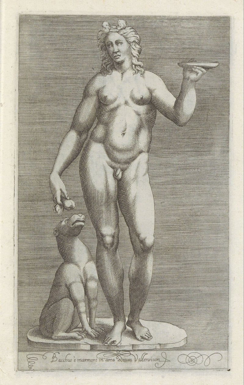 Skulptur af Bacchus en en hund Bacchus og marmor i området af Vallens palads (titel på objektet) Antikke skulpturer i Rom (serietitel) Ikoner af de gamle statuer af byen Rom, som ses på offentlige steder (serietitel) af Anonymous