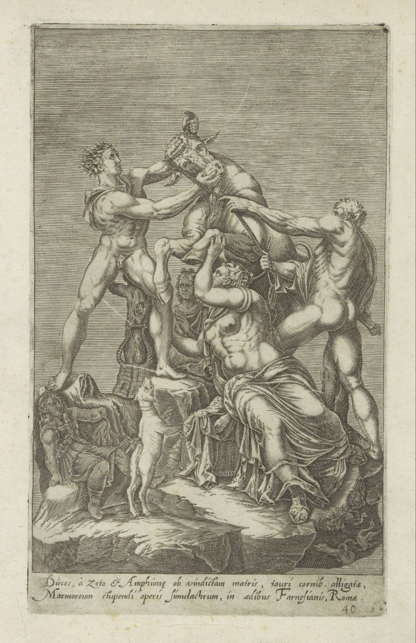 Skulptur af Dirce die på en stier er bundet Farnese Stier Dirces, til Zeto og Amphion for hans mors hævn (...) (titel på objektet) Antikke skulpturer i Rom (serietitel) Ikoner af de gamle statuer af byen Rom, som ses på offentlige steder af Anonymous