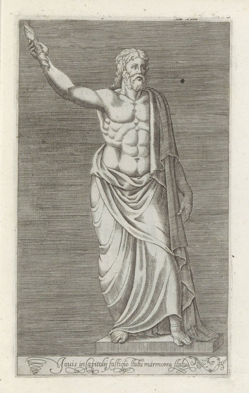 Skulptur af Jupiter En marmorstatue af Jupiter stående på toppen af ​​Capitol (titel på objekt) Antikke skulpturer i Rom (serietitel) Ikoner af de gamle statuer af byen Rom, som ses på offentlige steder (serietitel) af Anonymous