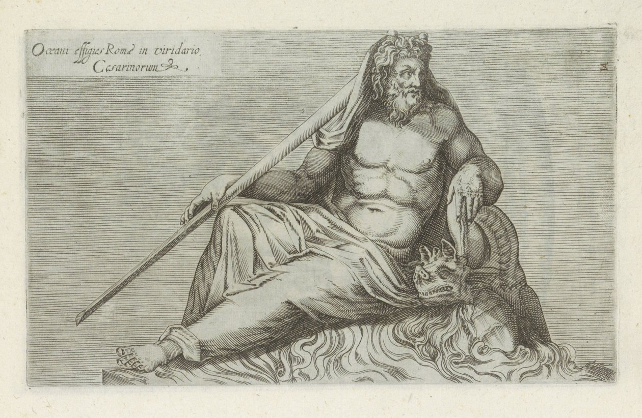 Skulptur af Oceanus Portræt af Oceanus i Rom i Cæsarernes grønne have (titel på objektet) Antikke skulpturer i Rom (serietitel) Ikoner af de gamle statuer af byen Rom, som ses på offentlige steder (serietitel) af Anonymous