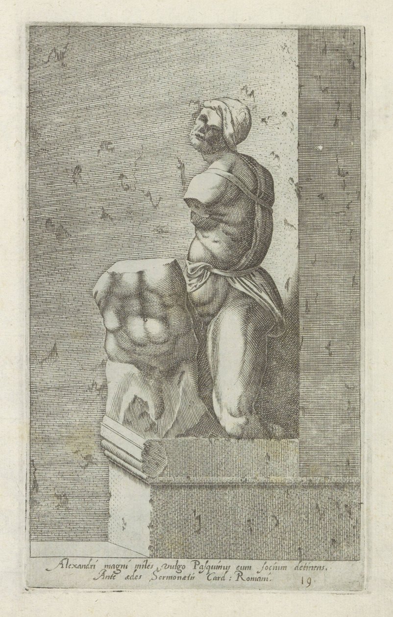 Skulptur af Pasquino En soldat fra Alexander den Store, almindeligvis kendt som Pasquinus, der holder Phocius (...) (titel på objektet) Antikke skulpturer i Rom (serietitel) Ikoner af de gamle statuer af byen Rom, som ses på offentlige steder (serietitel) af Anonymous