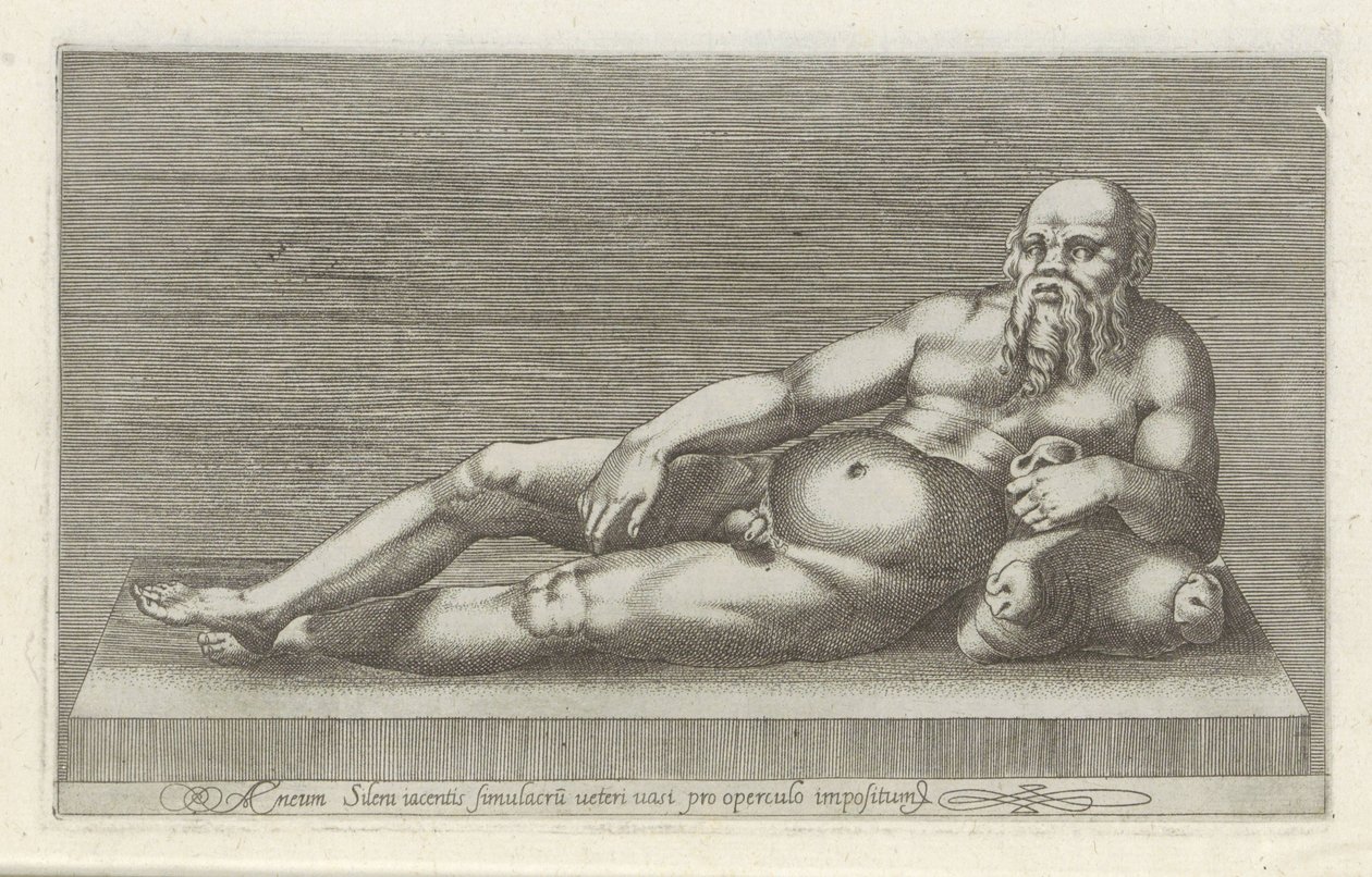 Skulptur af Silenus En bronzestatue af Aeneas Silenus liggende på et gammelt kar til låg (titel på objekt) Antikke skulpturer i Rom (serietitel) Ikoner af de gamle statuer af byen Rom, som ses på offentlige steder (serietitel) af Anonymous