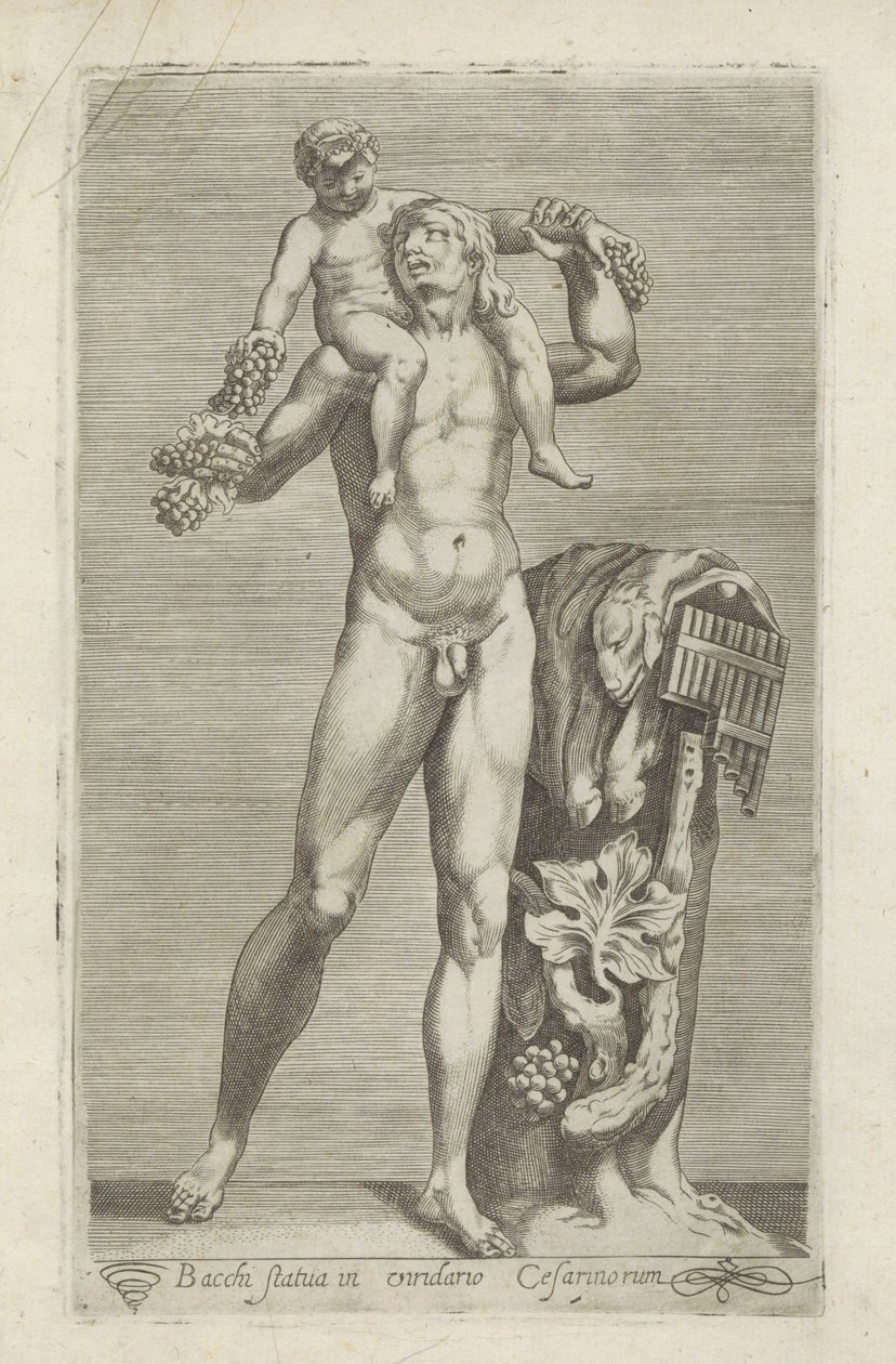 Skulptur af Silenus met de unge Bacchus op sine skoddere Statuen af ​​Bacchus i Cæsarernes have (titel på objektet) Antikke skulpturer i Rom (serietitel) Ikoner af de gamle statuer af byen Rom, som ses på offentlige steder (serietitel) af Anonymous