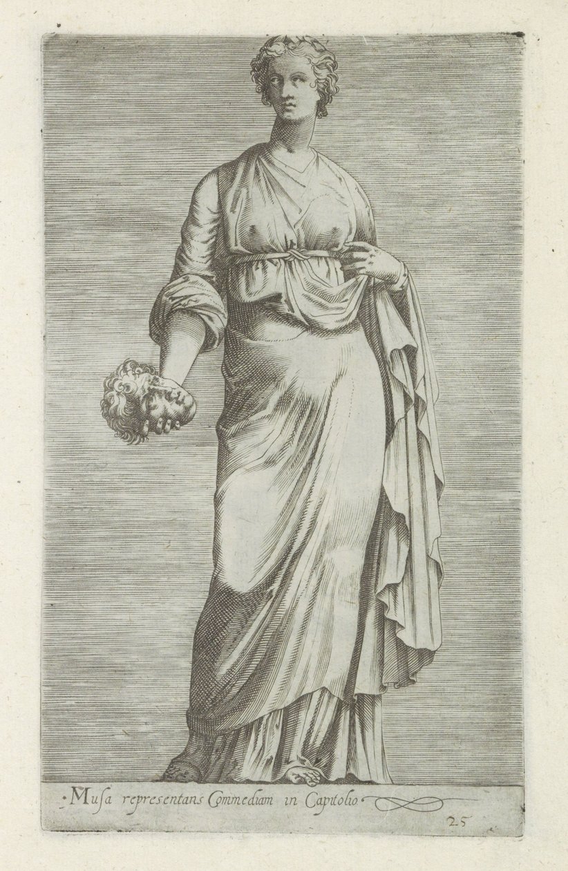 Sculptuur van Thaleia, muze van de komedie Muse, der repræsenterer komedie i Capitol (titel på objekt) Antikke skulpturer i Rom (serietitel) Ikoner af de gamle statuer af byen Rom, som ses på offentlige steder (serietitel) af Anonymous