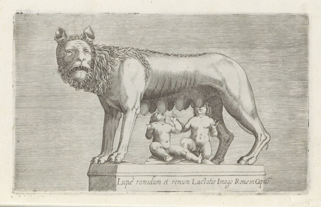 Sculptuur van de Lupa Capitolina die de tweeling Romulus en Remus zoogt Romulus og Remus ammer ulvebilledet af Rom i Capito (titel på objekt) Antikke skulpturer i Rom (serietitel) Af de gamle statuer af byen Rom, som er at se på offentlige steder ic af Anonymous