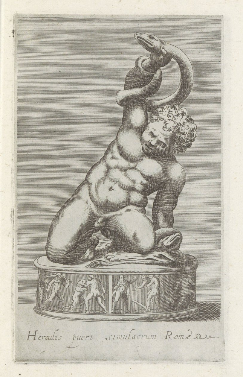 Skulptur af den unge Hercules i kamp med en slang Statue af Hercules, Roms barn (titel på objekt) Antikke skulpturer i Rom (serietitel) Ikoner af de gamle statuer af byen Rom, som ses på offentlige steder (serietitel) af Anonymous