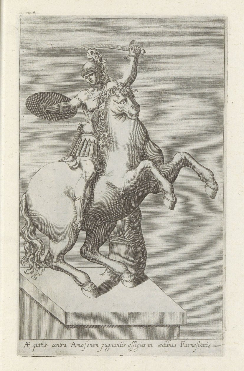 Skulptur af en Romeinse soldaat te paard Equites mod Amos (...) (titel på objekt) Antikke skulpturer i Rom (serietitel) Ikoner af de gamle statuer af byen Rom, som ses på offentlige steder (serietitel) af Anonymous