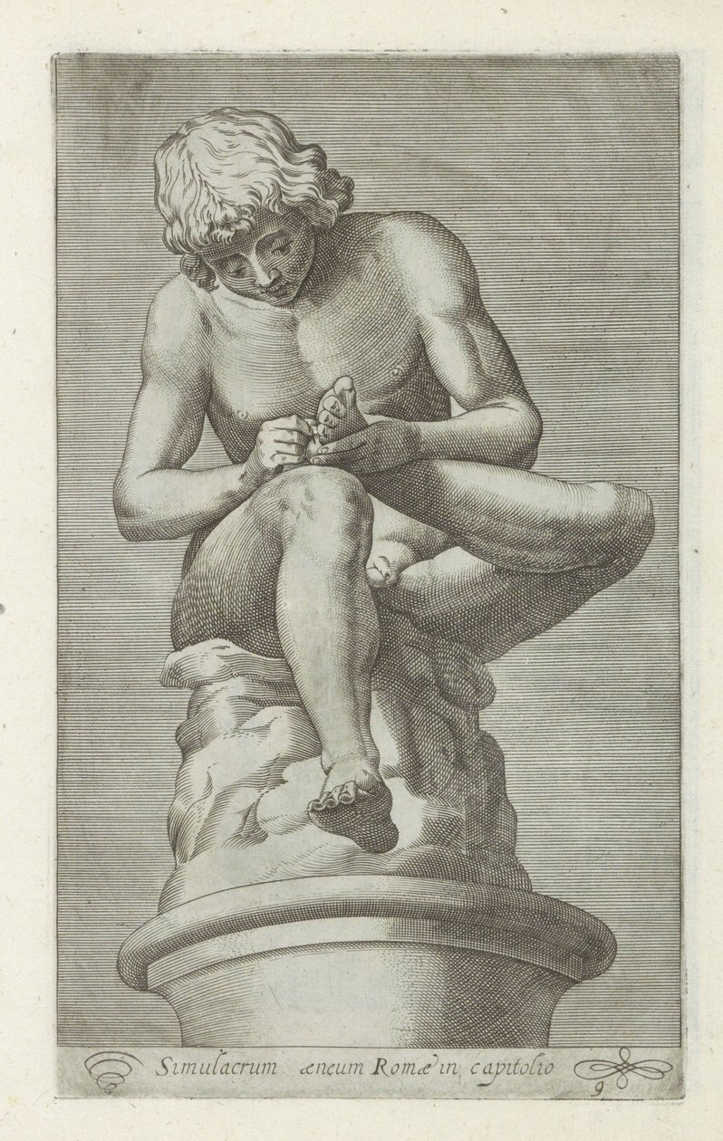 Skulptur af en jongen med en dør i foden Rygrad Bronzesimulacrum af Rom i hovedstaden (titel på objekt) Antikke skulpturer i Rom (serietitel) Ikoner af de gamle statuer af byen Rom, som ses på offentlige steder (serietitel) af Anonymous