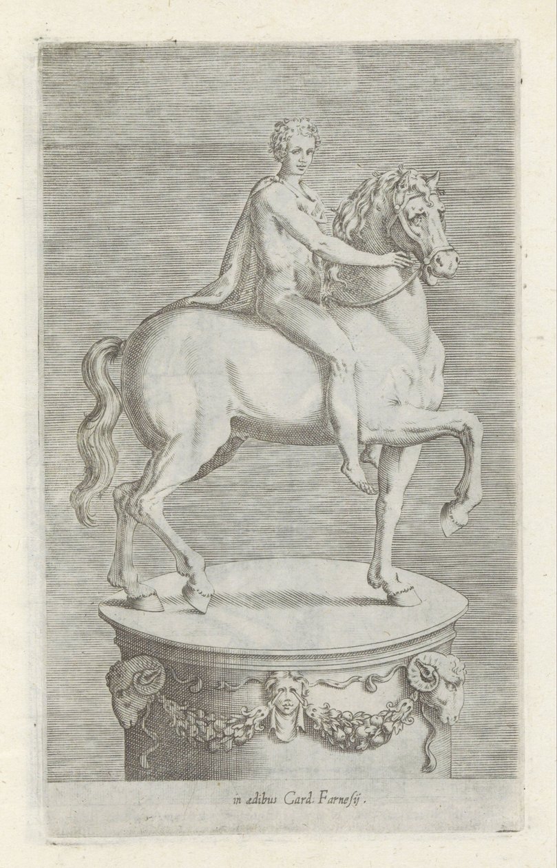 Skulptur af en naakte jongen på en paard Antikke skulpturer i Rom (serietitel) Ikoner af de gamle statuer af byen Rom, som ses på offentlige steder (serietitel) af Anonymous