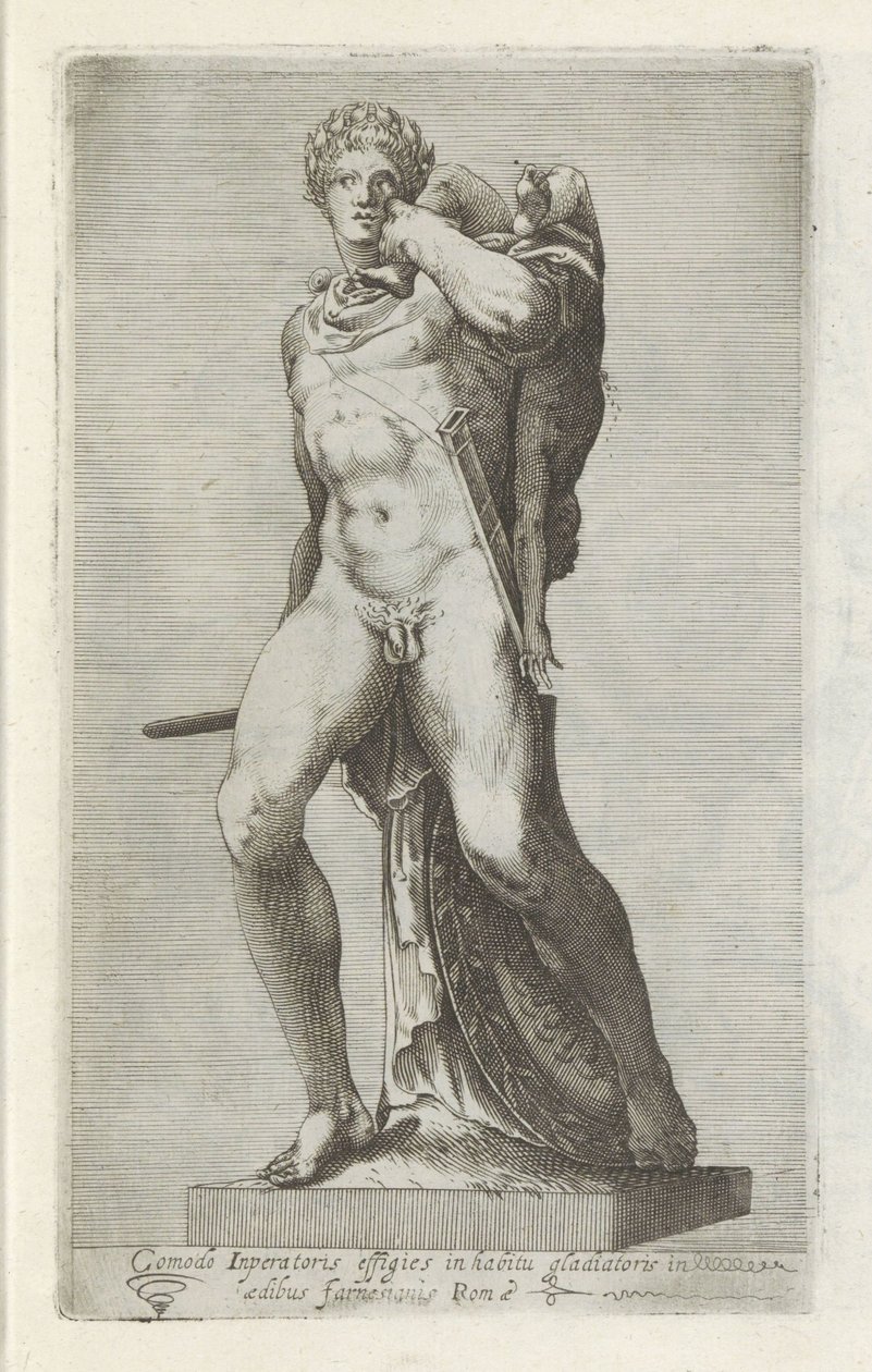 Skulptur af keizer Commodus er gladiator Et behageligt portræt af kejseren i dragt af en gladiator (...) (titel på objekt) Antikke skulpturer i Rom (serietitel) Ikoner af de gamle statuer af byen Rom, som ses på offentlige steder (serietitel) af Anonymous