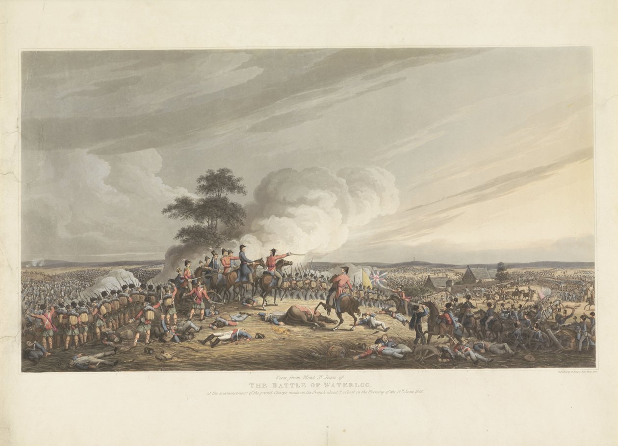 Slag ved Waterloo, 1815 Udsigt fra Mont St. Jean af Slaget ved Waterloo, ved begyndelsen af den store anklage mod franskmændene omkring kl. 7 om aftenen den 18. juni 1815 (titel på objektet) af Anonymous