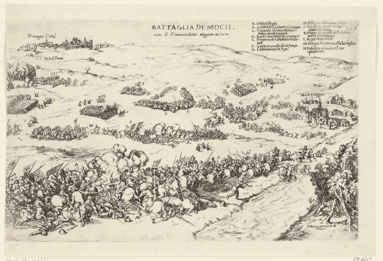 Slag op de Mookerheide, 1574 Slaget ved Moch, under Kommendator Maggiore An.o 1574 (titel på objekt) af Anonymous