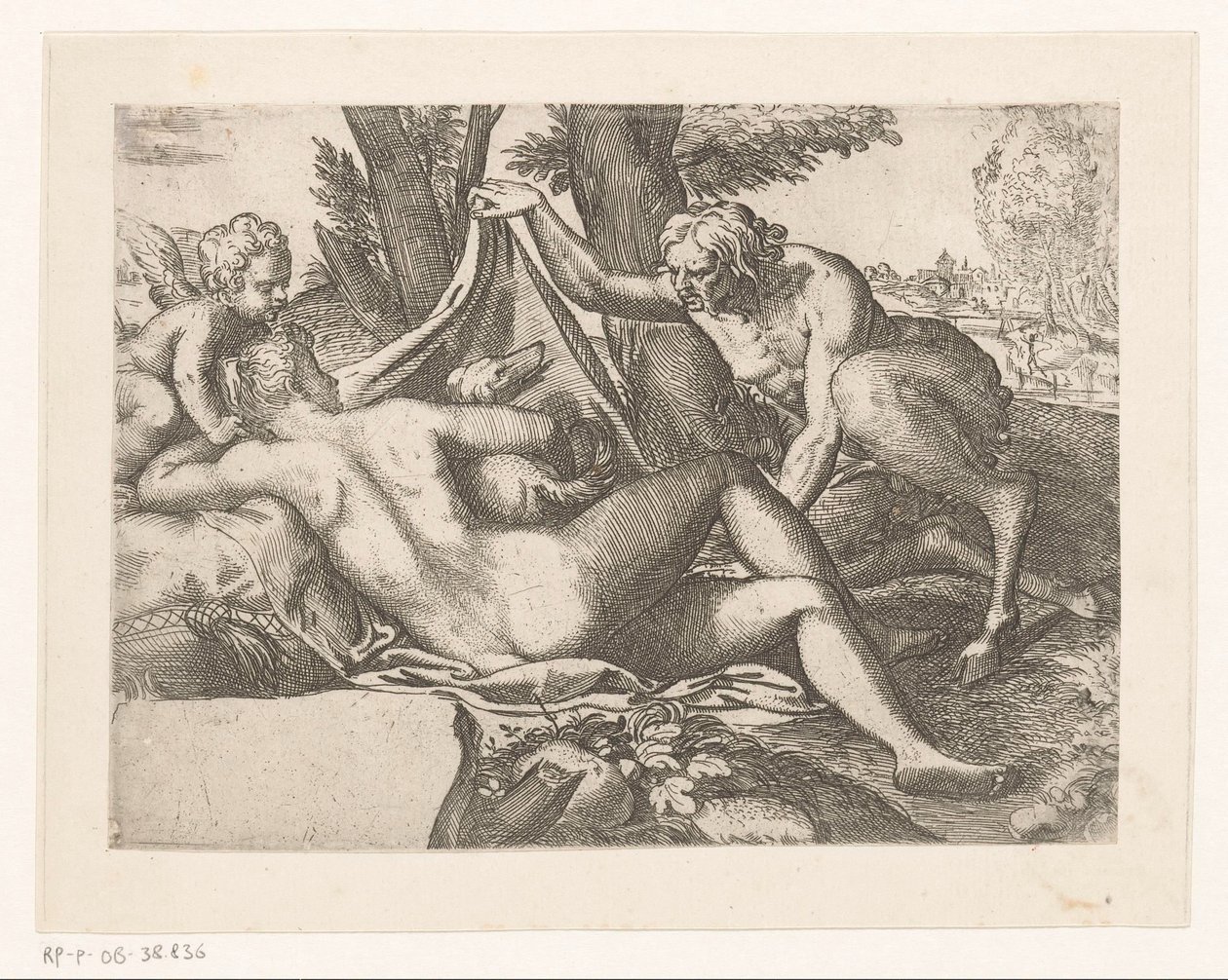 Sovende Venus spioneret af en satyr af Anonymous