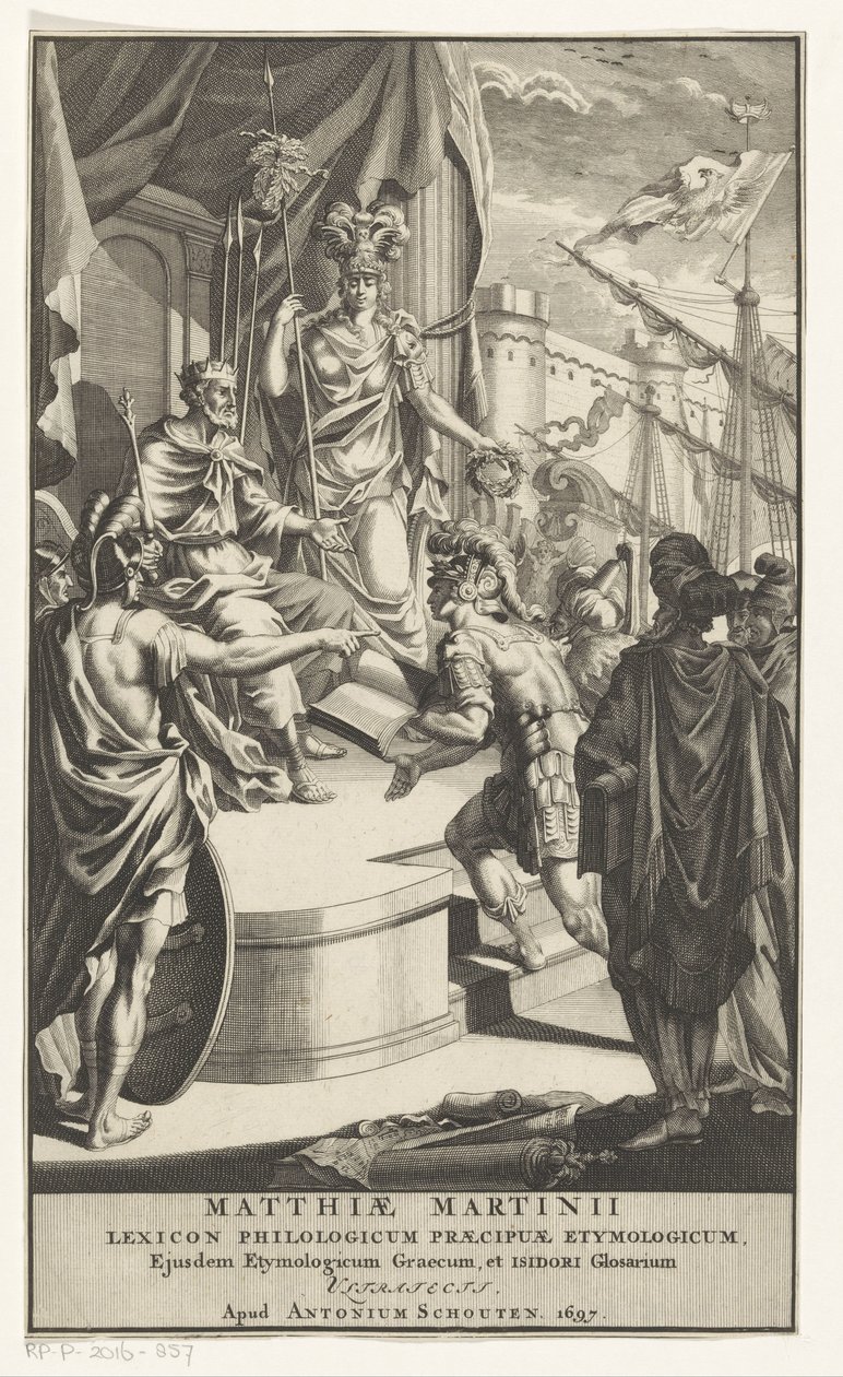 Soldat overrækker bog til kongen Titelside for: Matthias Martinius, Lexicon philologicum praecipuae etymologicum, 1697 af Anonymous