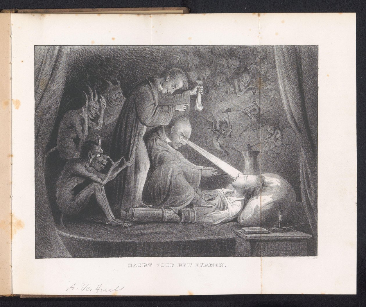 Tegnefilm i Leiden studenteralmanak, 1844 Aften før eksamen (titel på objekt) af Anonymous