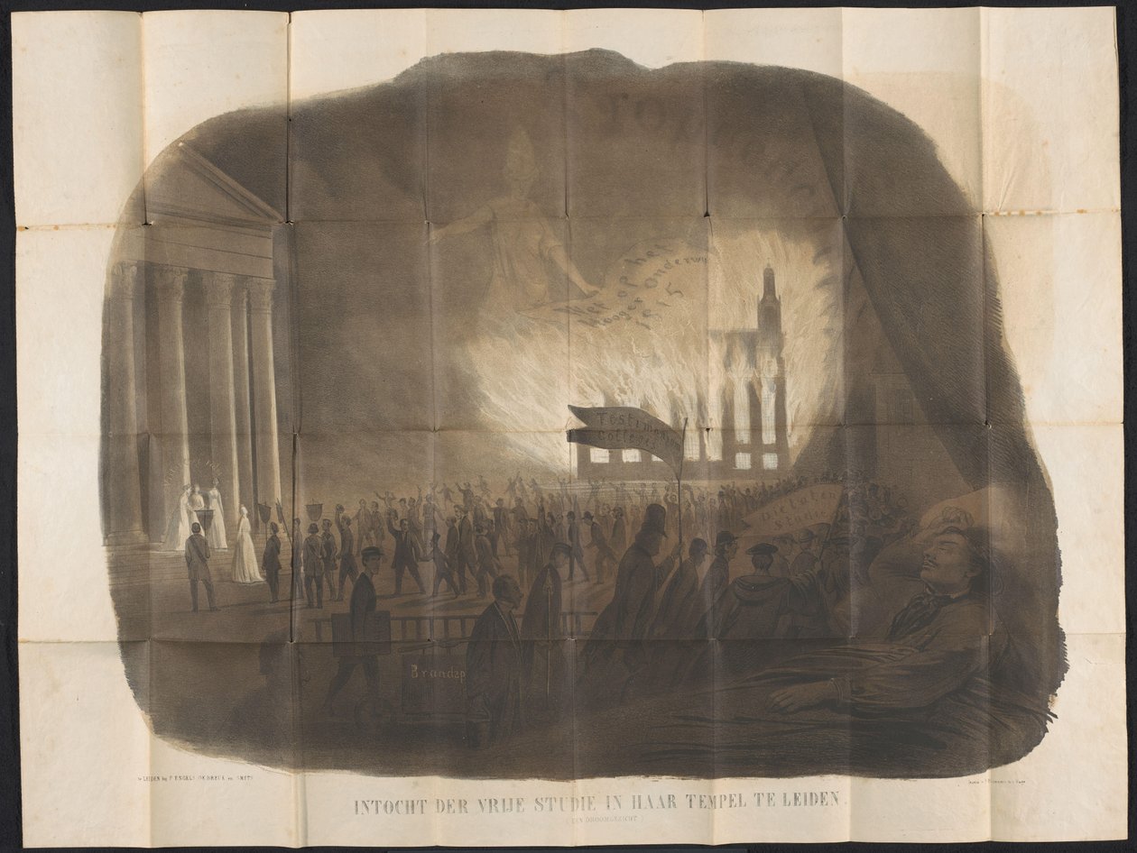 Tegnefilm i Leiden studenteralmanak, 1866 Adgang til gratis studie i hendes tempel i Leiden (en drømmevision) (titel på objekt) af Anonymous