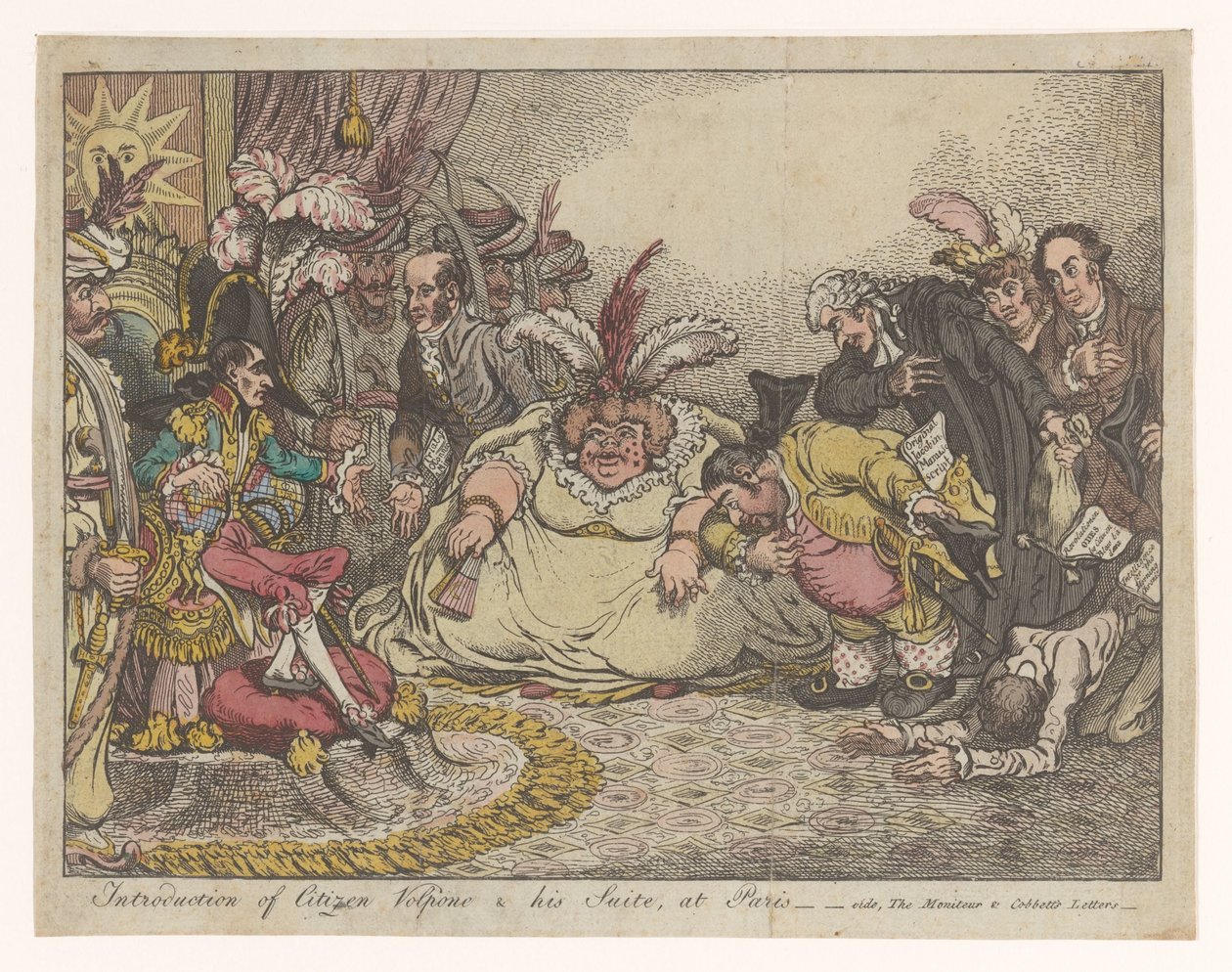 Spotprent mødte Napoleon en Fox, 1802 Introduktion af Citizen Volpone & his Suite, i Paris - vide, The Moniteu & Cobbett