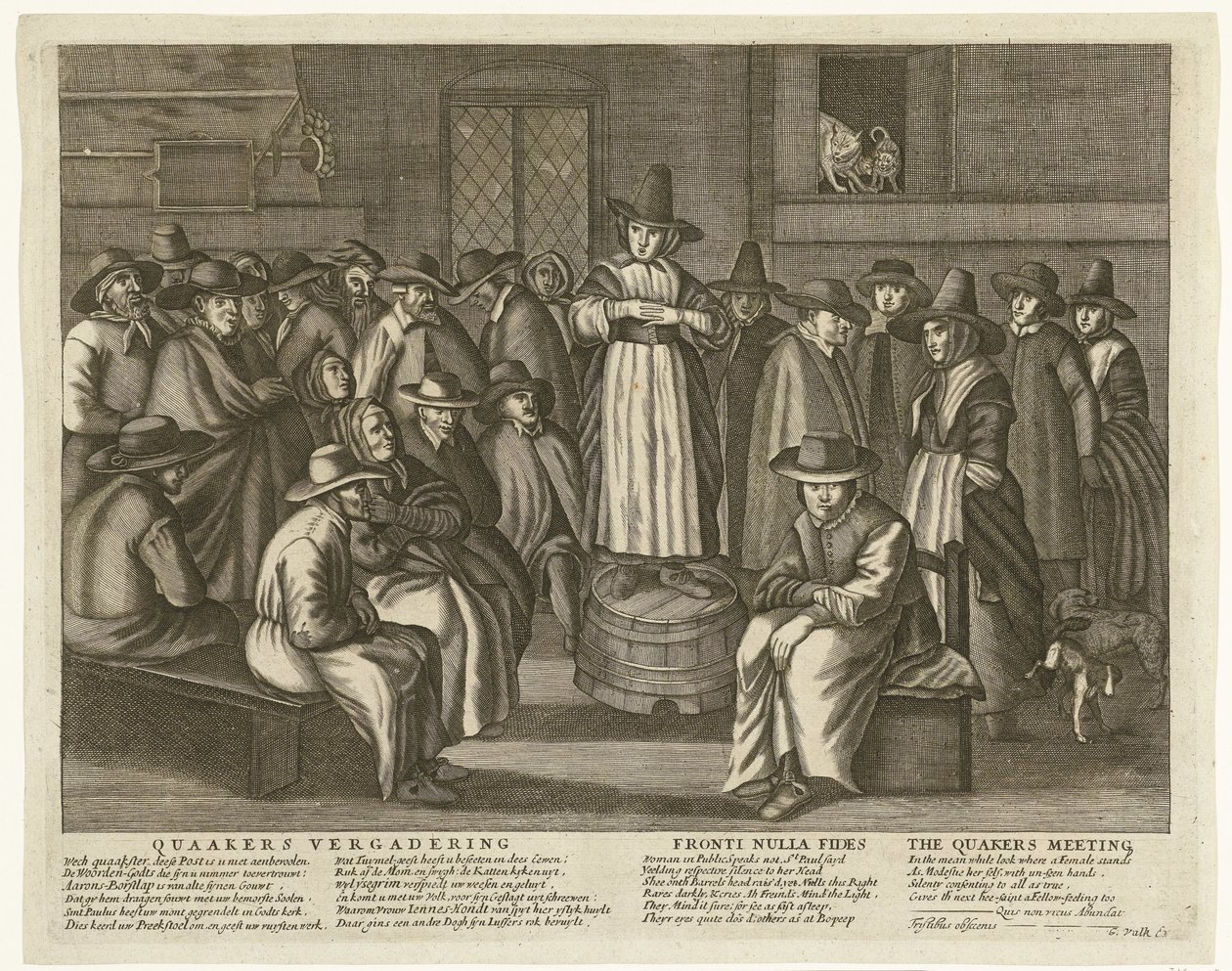 Tegneserie af de engelske kvækere, ca. 1656 Quaaker Meeting / Fronti Nulla Fides / The Quakers Meeting (titel på objekt) af Anonymous