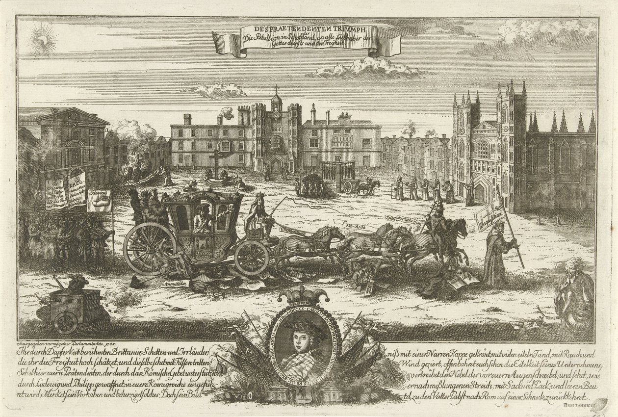 Spotprent op de Engelse foregivet Charles Edward Stuart, 1745 Despreendenten Trivmph / Oprøret i Skotland til alle elskere af tilbedelse og frihed (titel på objekt) af Anonymous