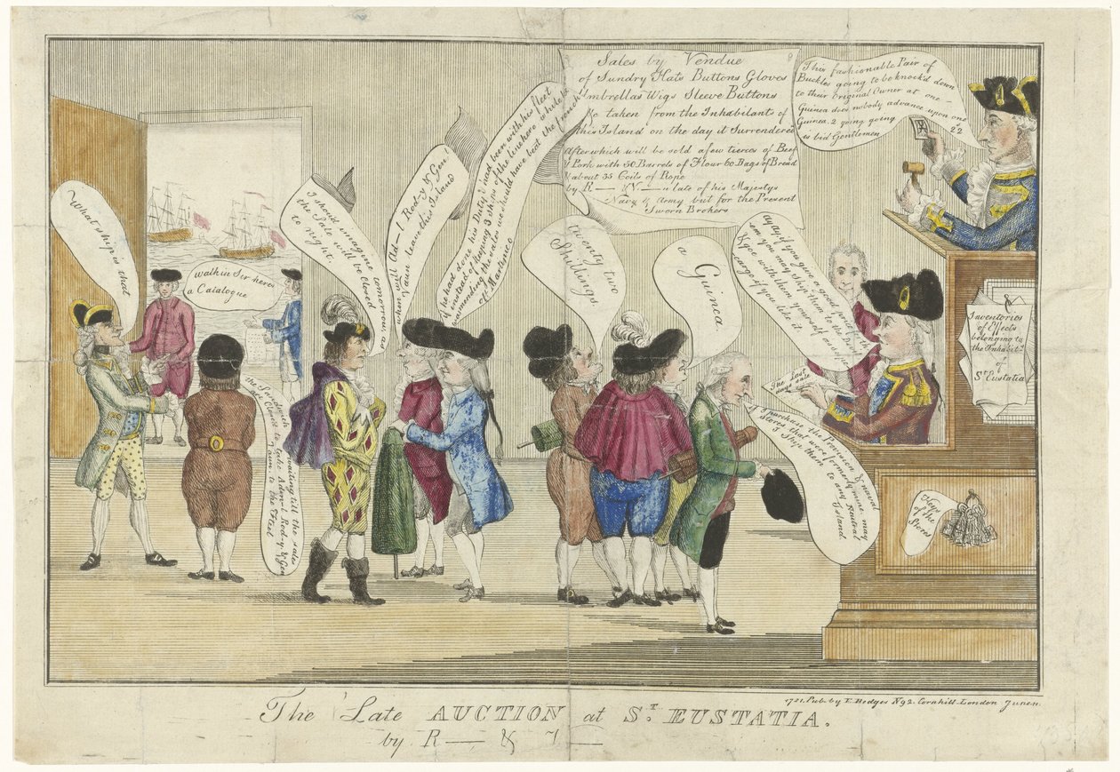 Tegneserie af englænderne på St. Eustatius, 1781 Den sene auktion på St. Eustatia (titel på objekt) af Anonymous