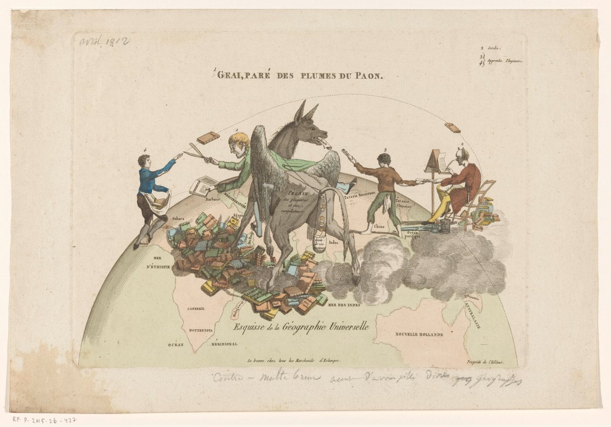 Spotprent op de Geographies Universelle af Conrad Malthe-Brun Skitse af universel geografi (titel på objekt) af Anonymous