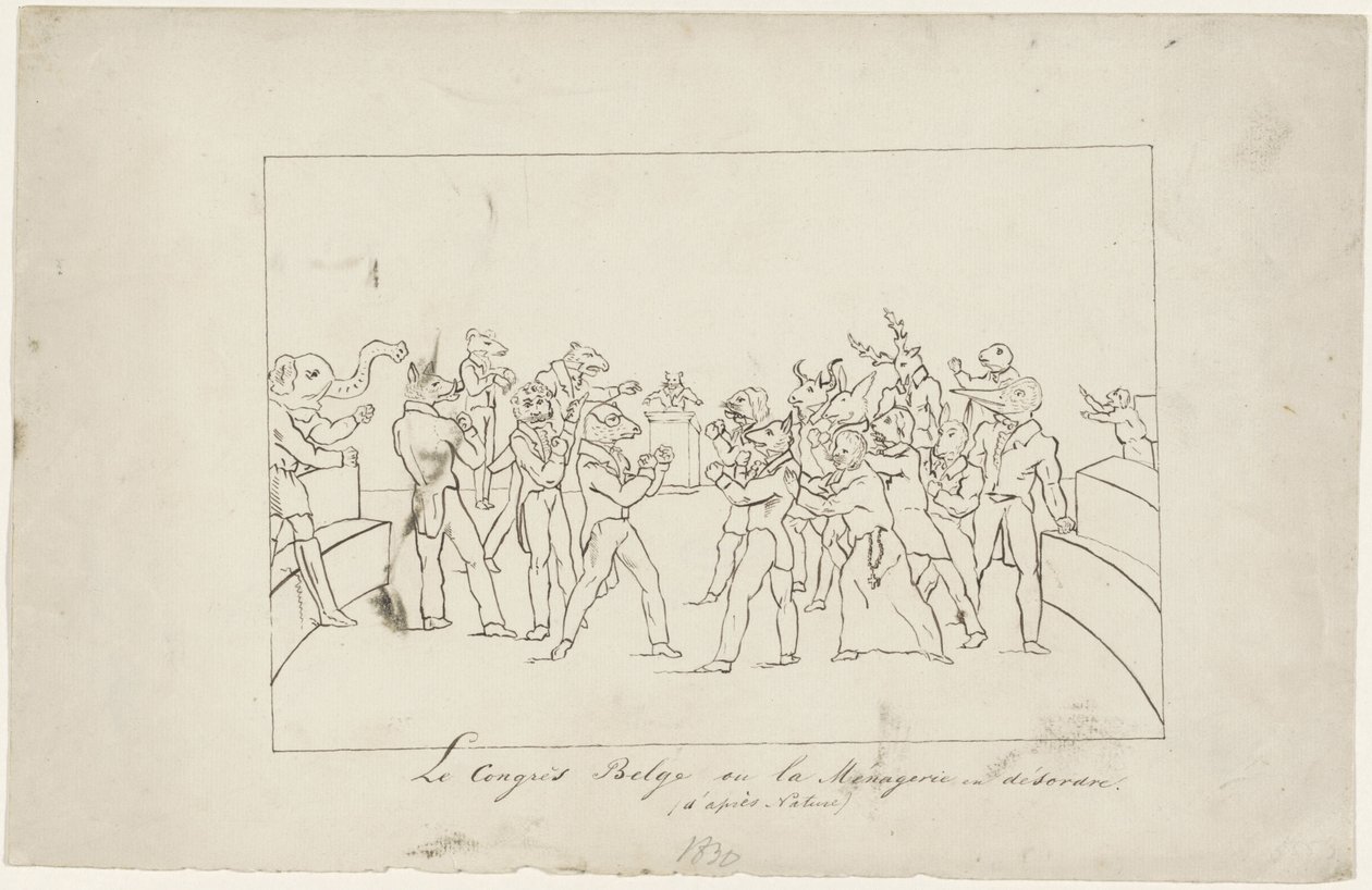 Tegneserie, der skildrer uenigheden i den belgiske nationalkongres om valget af en konge, 1831 Le Congress Belge ou la Menagerie en désordre. (d