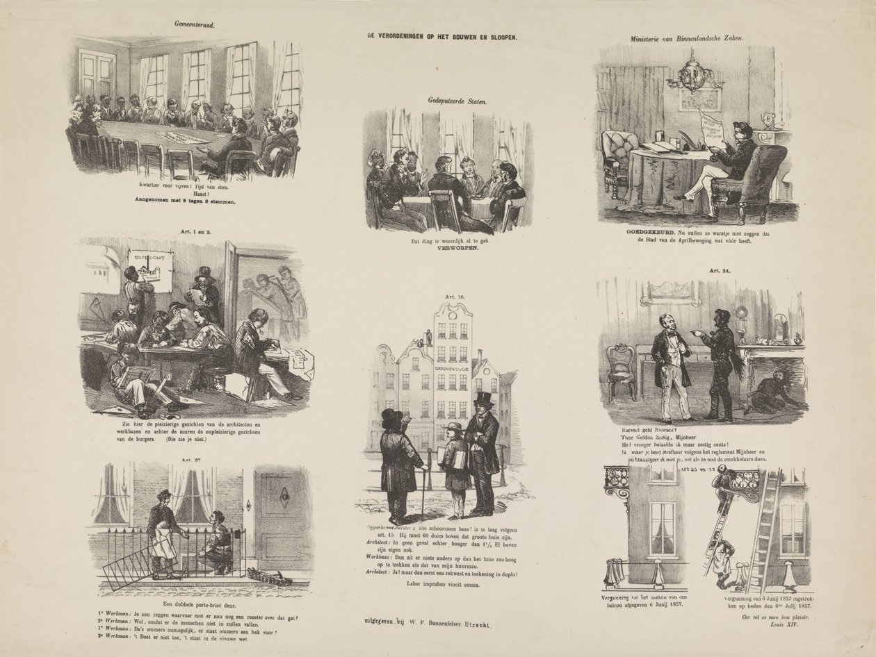 Tegneserie af en forordning i Utrecht om bygning og nedrivning, 1857 Bygnings- og nedrivningsbestemmelser (titel på objekt) af Anonymous